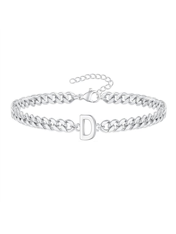 Unisex Stainless Steel Initial Bracelet Matching Couple Link Bracelets Letter A-Z Chunky Chain Bracelet Birthday Gifts Silver D