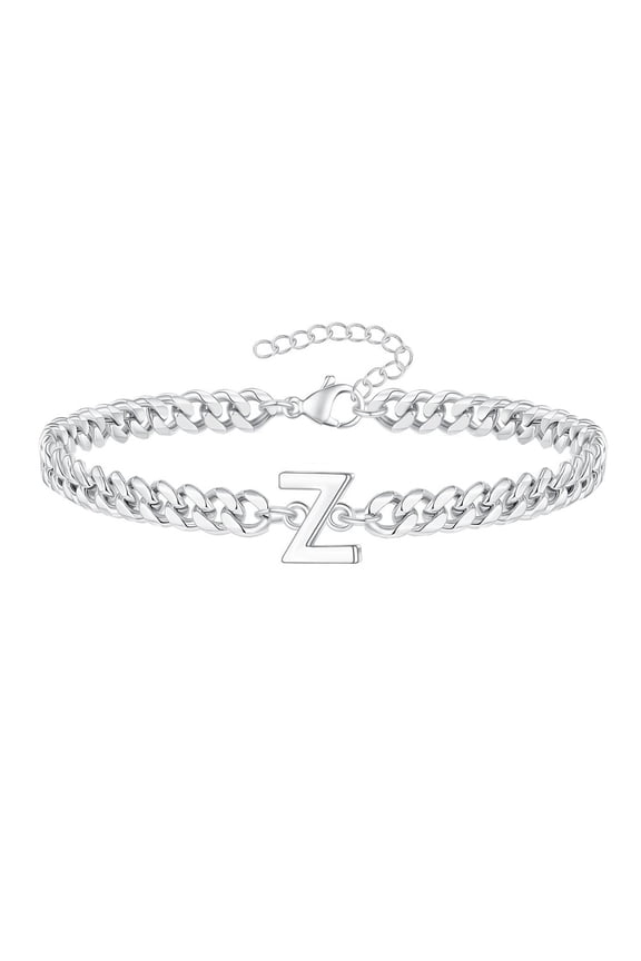 Unisex Stainless Steel Initial Bracelet Matching Couple Link Bracelets Letter A-Z Chunky Chain Bracelet Birthday Gifts Silver Z