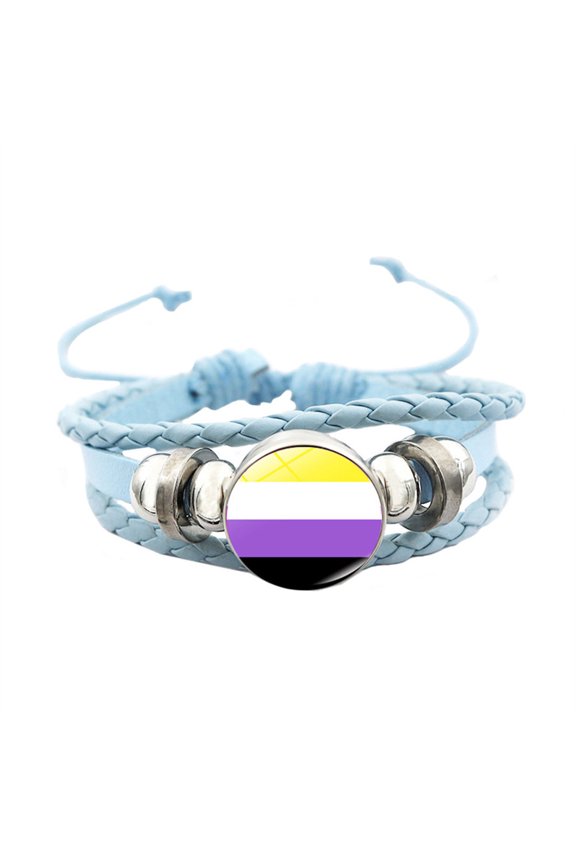 Unisex Stainless Steel Rainbow LGBT Pride Flag Leather Bracelet Handmade Woven Round Coin Wrap Bracelet Wristband Jewelry Birthday Gift Blue Style 9