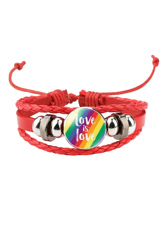 Unisex Stainless Steel Rainbow LGBT Pride Flag Leather Bracelet Handmade Woven Round Coin Wrap Bracelet Wristband Jewelry Birthday Gift Red Style 10