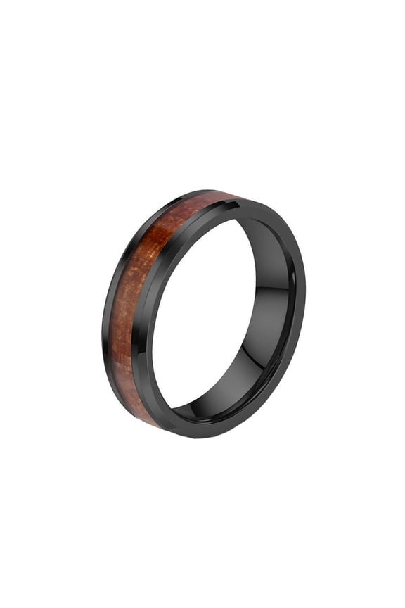 Unisex Tungsten Steel Wood Grain Wooden Veneer Inlaid Whisky Barrel Plain Couple Wedding Ring Curved Glossy Promise Band 6MM-Black Size 9