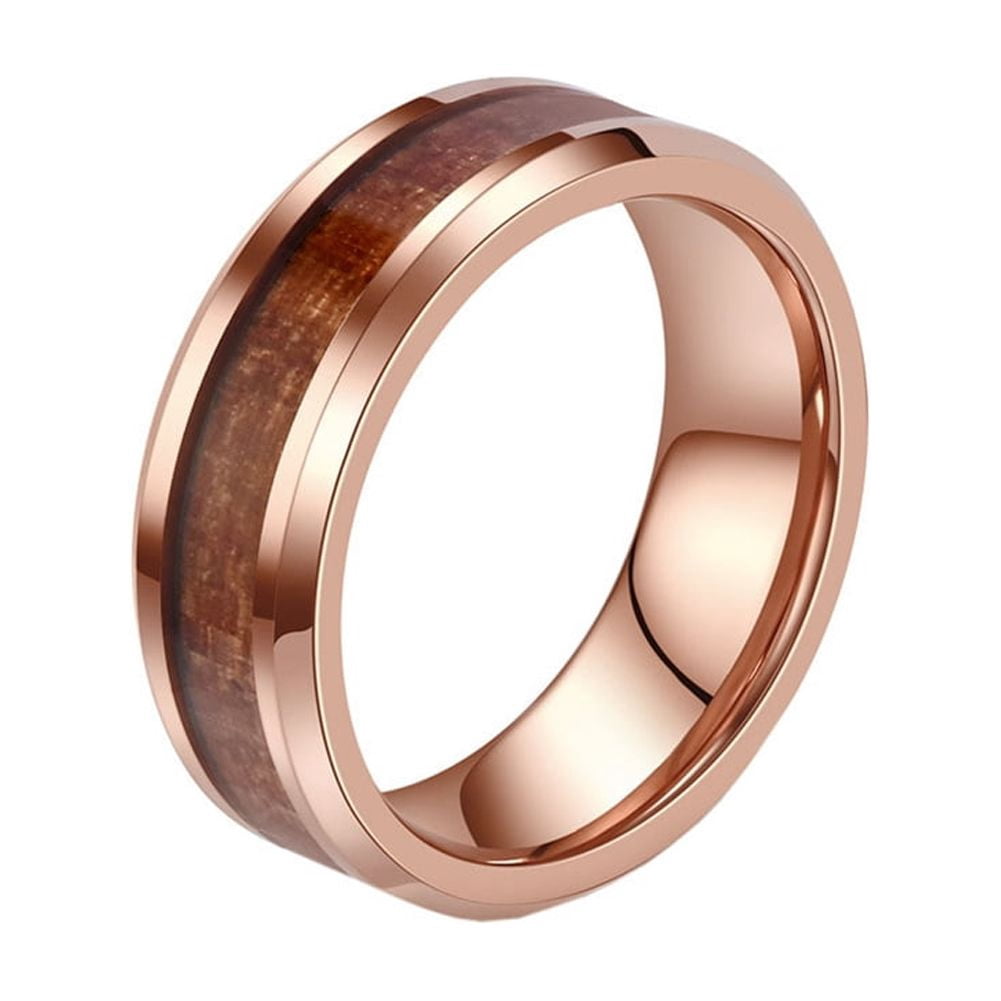 Wood Promise Rings HIJONES Unisex Tungsten Steel Wood Grain Wooden Veneer Inlaid Whisky ...