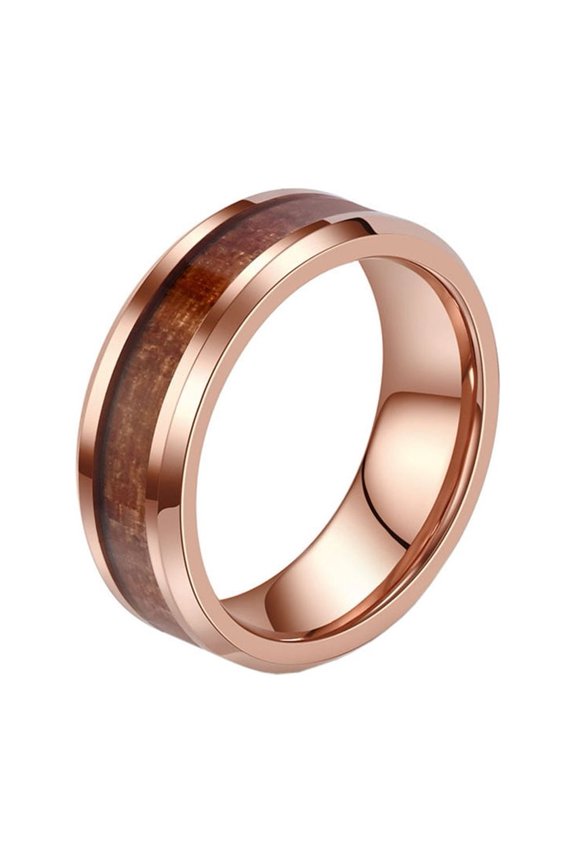 Unisex Tungsten Steel Wood Grain Wooden Veneer Inlaid Whisky Barrel Plain Couple Wedding Ring Curved Glossy Promise Band 8MM-Rose Gold Size 11
