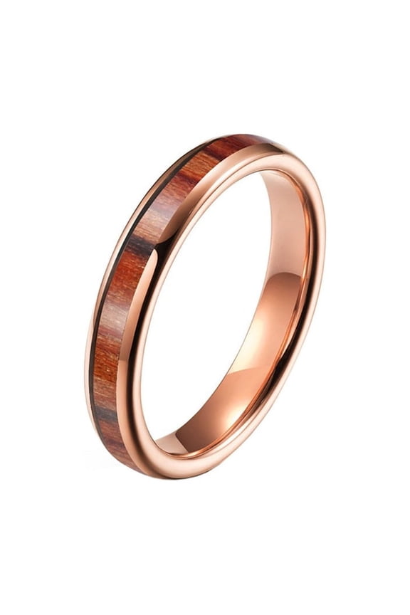Unisex Tungsten Steel Wood Veneer Maple Inlaid Whisky Barrel Dome Wedding Ring Promise Engagement Jewelry 4MM-Rose Gold Size 6