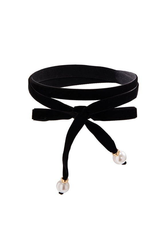Velvet Imitation Pearl Bow Choker Tie Front Necklace for Women