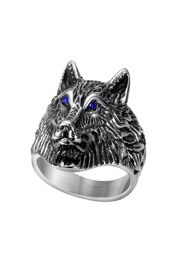 Vintage 3D Majestic Wolf Head Ring for Men Stainless Steel Punk Hip Hop Zircon Band Blue Size 13