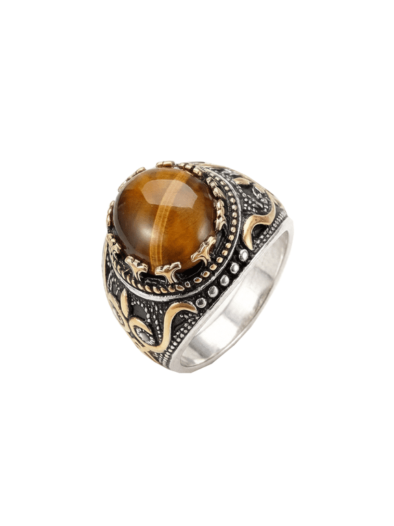 Vintage Carved Band for Men Stainless Steel Natural Oval Strength Ring Gold Tiger's Eye Stone Size 10