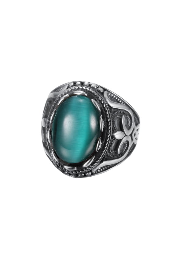 Vintage Carved Band for Men Stainless Steel Natural Oval Strength Ring Silver Green Cat's Eye Stone Size 10