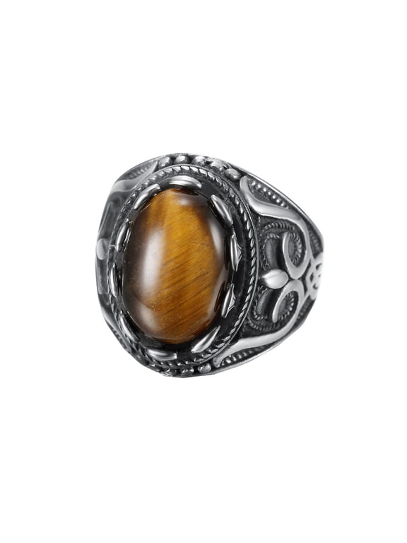 Vintage Carved Band for Men Stainless Steel Natural Oval Strength Ring Silver Tiger's Eye Stone Size 11