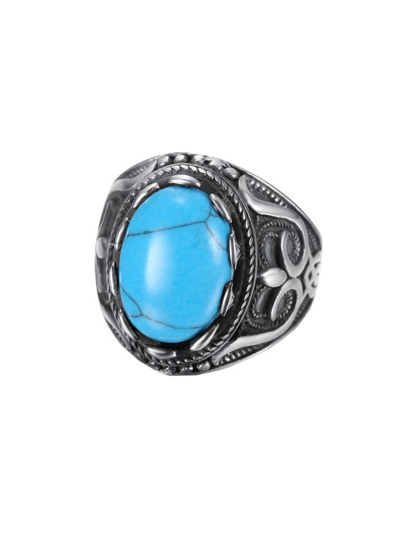 Vintage Carved Band for Men Stainless Steel Natural Oval Strength Ring Silver Plated Gemstone Size 14