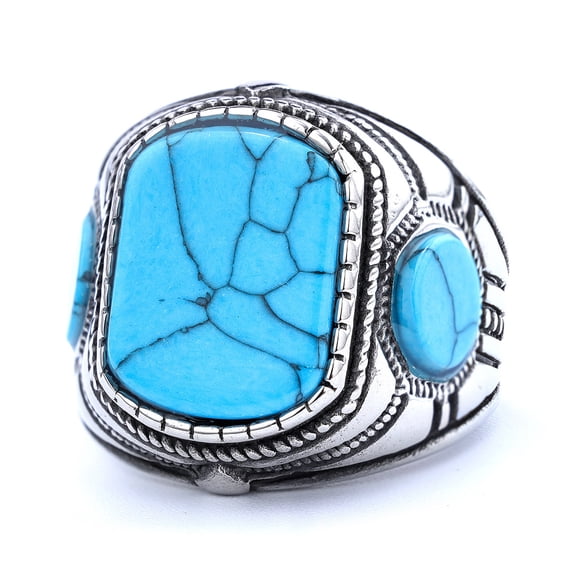 HIJONES Vintage Ring for Men Stainless Steel Three Turquoise Stones Natural Texture Bohemian Jewelry Silver Size 11