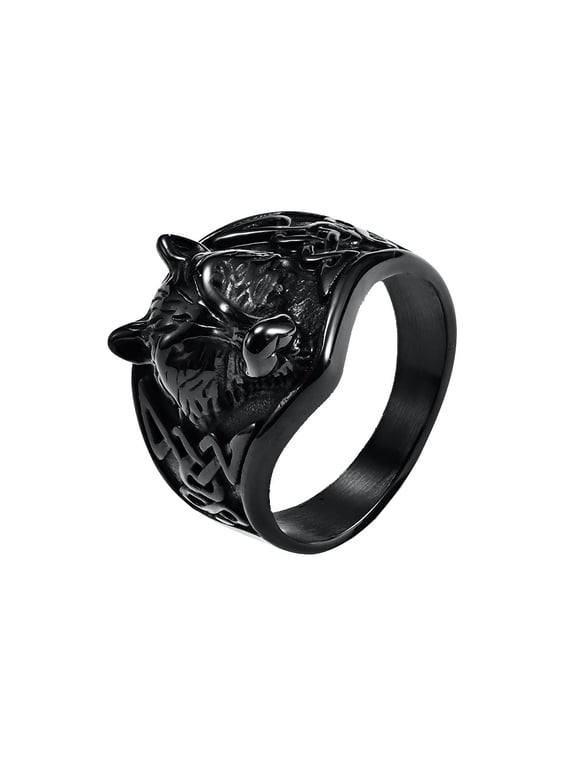Wilderness Totem Wolf Head Ring for Men Stainless Steel Masculine Statement Black Size 9