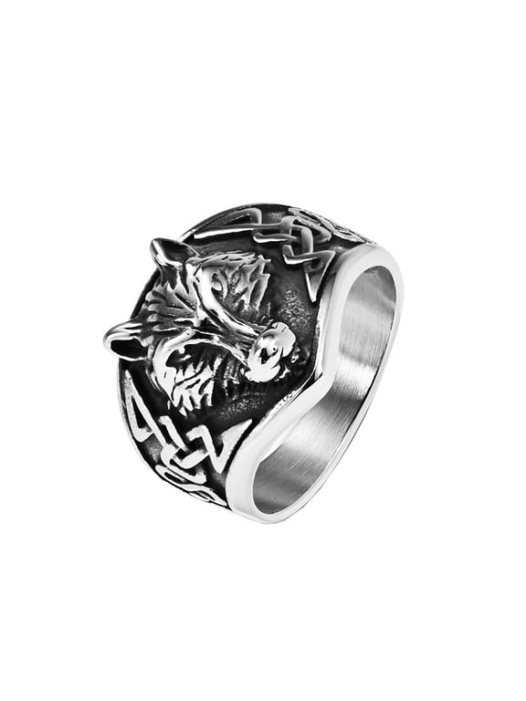 Wilderness Totem Wolf Head Ring for Men Stainless Steel Masculine Statement Silver Size 9