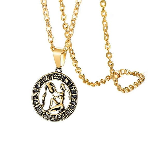 HIJONES Women Men's 12 Constellation Horoscope Hollow Pendant Necklace Stainless Steel Birth Star Sign Personalized Pendant Chain Jewelry Gold Aquarius