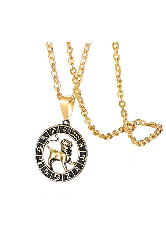 Women Men's 12 Constellation Horoscope Hollow Pendant Necklace Stainless Steel Birth Star Sign Personalized Pendant Chain Jewelry Gold Leo