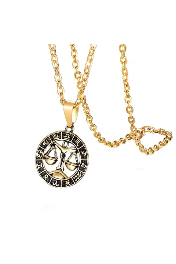 Women Men's 12 Constellation Horoscope Hollow Pendant Necklace Stainless Steel Birth Star Sign Personalized Pendant Chain Jewelry Gold Libra