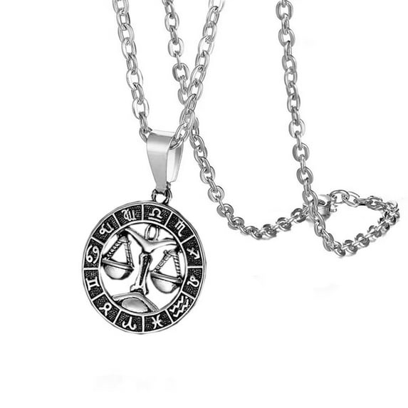 HIJONES Women Men's 12 Constellation Horoscope Hollow Pendant Necklace Stainless Steel Birth Star Sign Personalized Pendant Chain Jewelry Silver Libra