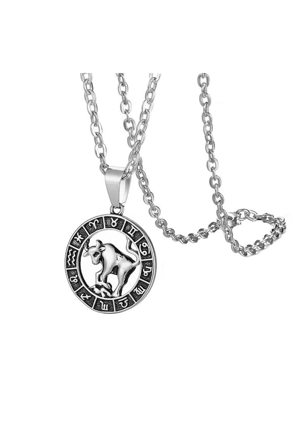 Women Men's 12 Constellation Horoscope Hollow Pendant Necklace Stainless Steel Birth Star Sign Personalized Pendant Chain Jewelry Silver Taurus