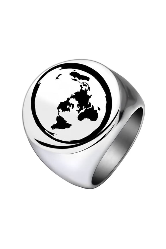 Women Men's 22mm Round Earth Stainless Steel Ring Vintage Minimalist Personalized Hip Hop Jewelry Silver Size 8