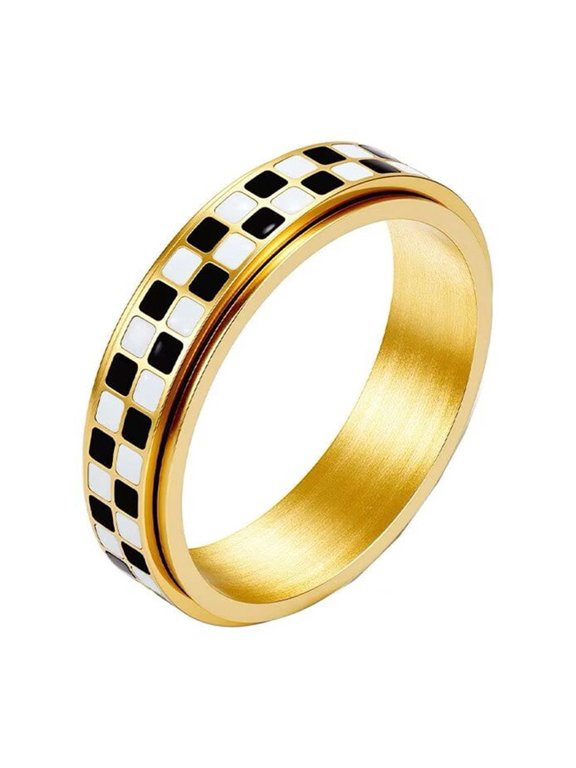 Women Men's 6mm Rotatable Black White Checkered Ring Stainless Steel Personalized Ring Band Jewelry Gold Size 6