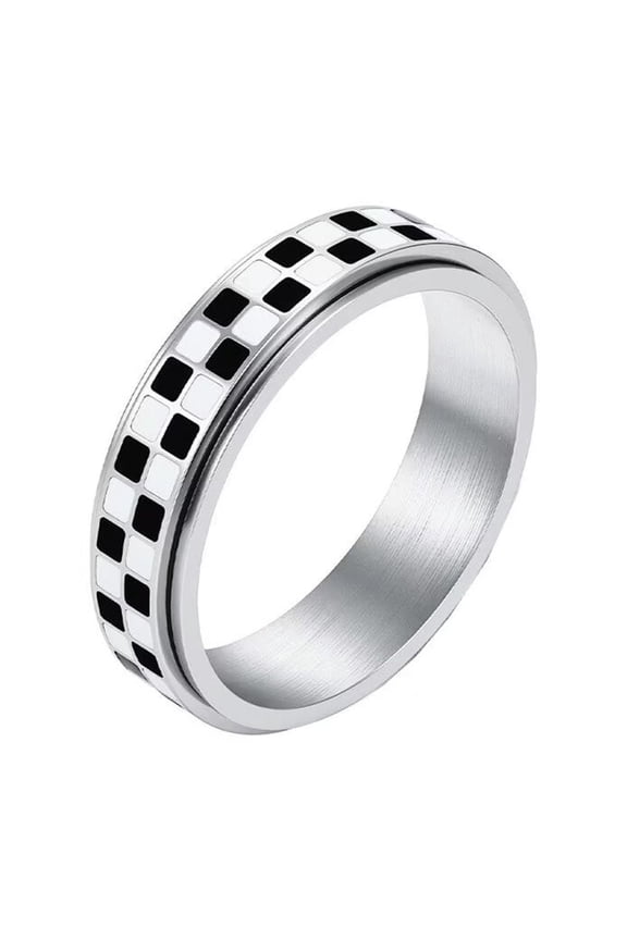 Women Men's 6mm Rotatable Black White Checkered Ring Stainless Steel Personalized Ring Band Jewelry Silver Size 8