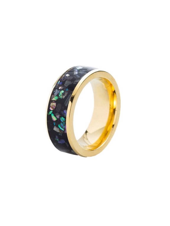 Women Men's 8mm Inlaid Multicolor Shell Ring Stainless Steel Couple Engagement Promise High Polished Band Ring Comfort Fit Gold Size 13