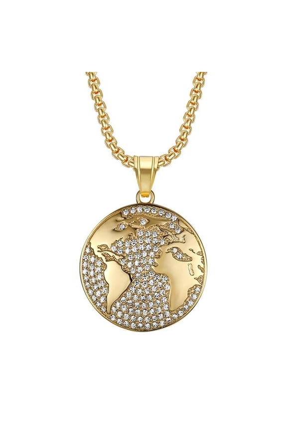 Women Men's Cubic Zirconia World Map Pendant Necklace Stainless Steel Personalized Hip Hop Retro Chain Jewelry Gold