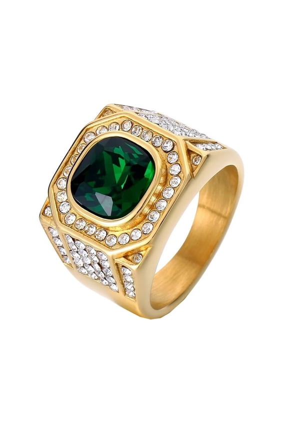 Women Men's Full Diamond Ring Stainless Steel Gemstone Bnad Ring for Couple Engagement Promise Comfort Fit Gold Green Size 9