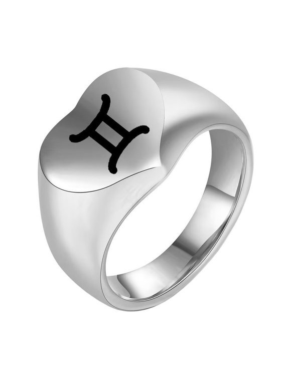 Women Men's Love Heart 12 Zodiac Signs Stainless Steel Polished Ring Vintage Personalized Jewelry Silver Gemini Size 6