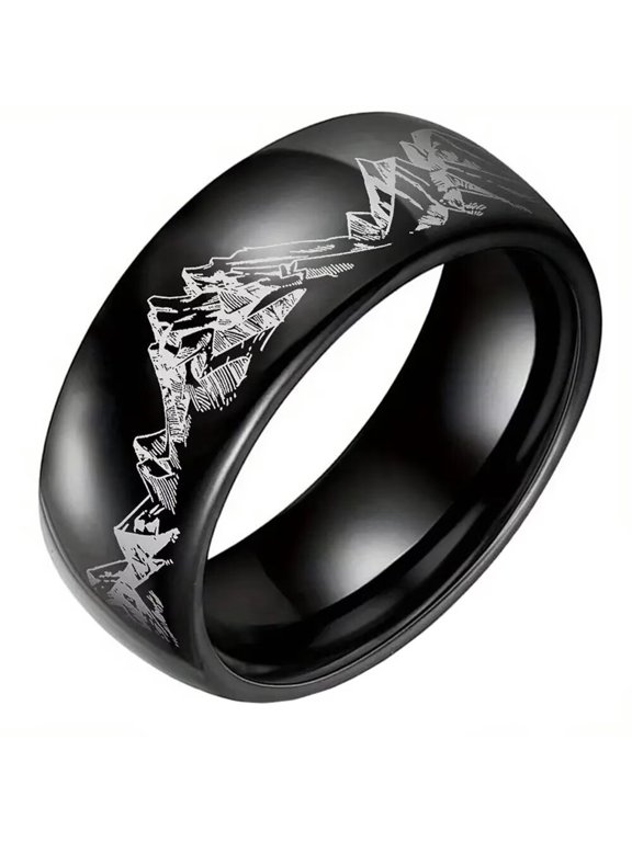 Women Men's Nature Mountain Stainless Steel Ring Band Personalized Jewelry for Engagement Wedding Black Size 6