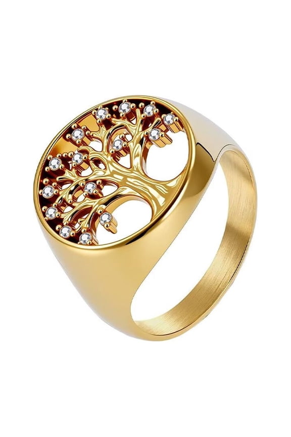 Women Men's Tree of Life Cubic Zirconia Stainless Steel Ring Vintage Personalized Jewelry Gold Size 9