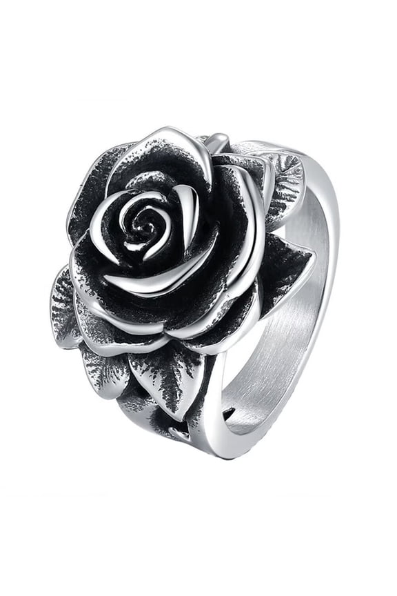Women Men's Vintage Rose Flower Stainless Steel Ring Personalized Band Jewelry Size 9