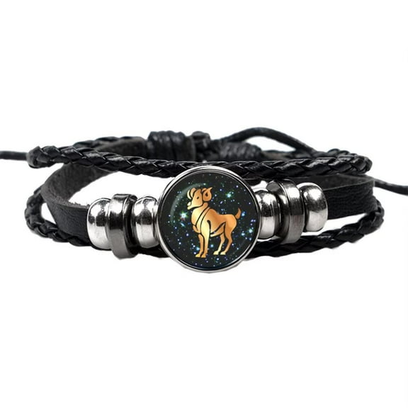 HIJONES Women Men's Vintage Zodiac Sign 12 Constellation Bracelet Weave Multilayer Black Leather Wrap Jewelry Capricorn