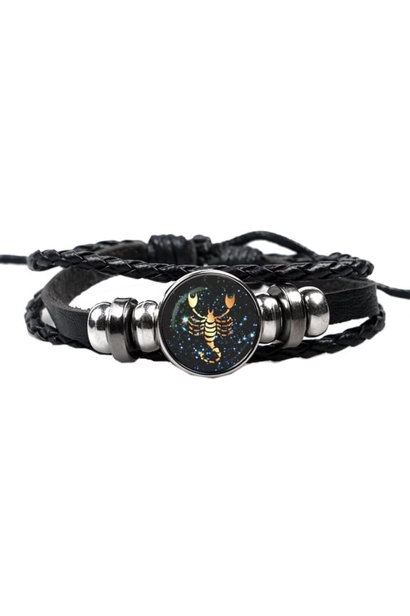 Women Men's Vintage Zodiac Sign 12 Constellation Bracelet Weave Multilayer Black Leather Wrap Jewelry Scorpio