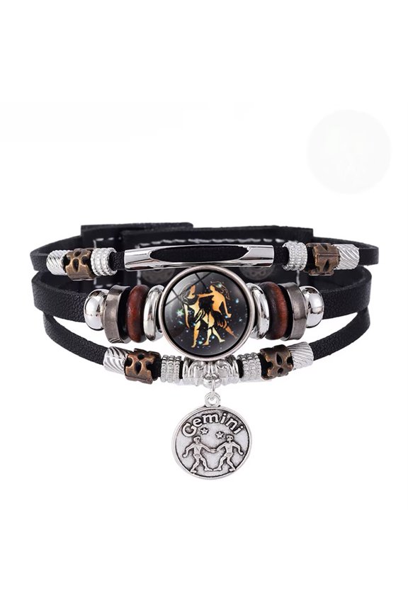 Women Men's Vintage Zodiac Sign 12 Constellation Luminous Bracelet Weave Multilayer Black Leather Wrap Jewelry Gemini