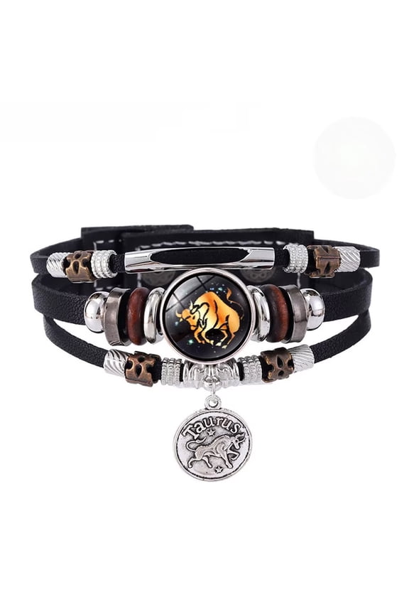 Women Men's Vintage Zodiac Sign 12 Constellation Luminous Bracelet Weave Multilayer Black Leather Wrap Jewelry Taurus