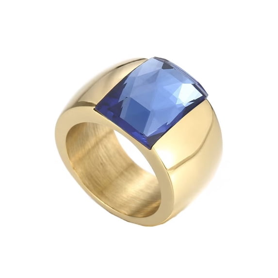 HIJONES Women's 10mm Wide Gemstone Ring Stainless Steel Exaggerated Diamond Engagement Band Ring Gold Plated Blue Size 6