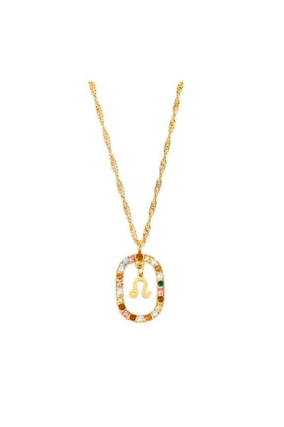 Women's 12 Constellation Horoscope Multicolor Cubic Zircon Pendant Necklace Stainless Steel Birth Star Sign Personalized Pendant Chain Jewelry Leo