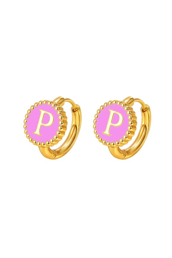 Women's 26 Alphabet Huggie Earrings Personalized Stainless Steel A-Z Initial Letters Ear Jewelry Pink P