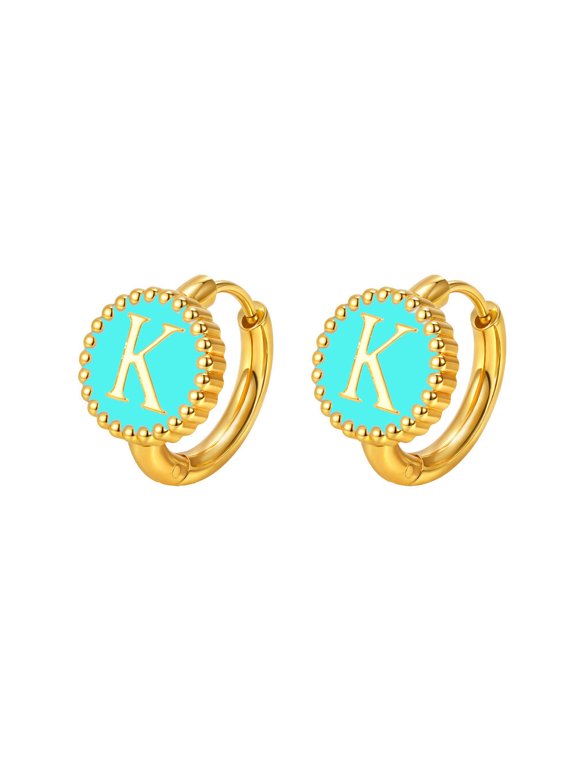 Women's 26 Alphabet Huggie Hoop Earrings Personalized Stainless Steel A-Z Initial Letters Ear Jewelry Green K
