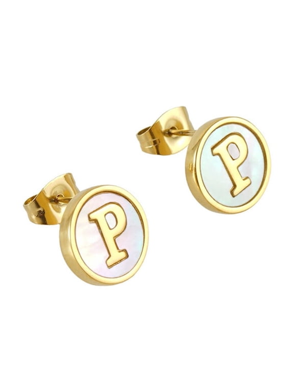Women's 26 Alphabet Stud Earrings Personalized Stainless Steel A-Z Initial Letters Ear Jewelry White P