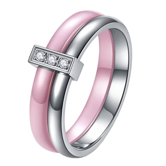 HIJONES Women's 6MM Unique Ceramic Double Plain Cubic Zirconia Inlay Ring Engagement Wedding Band Silver Pink Size 6