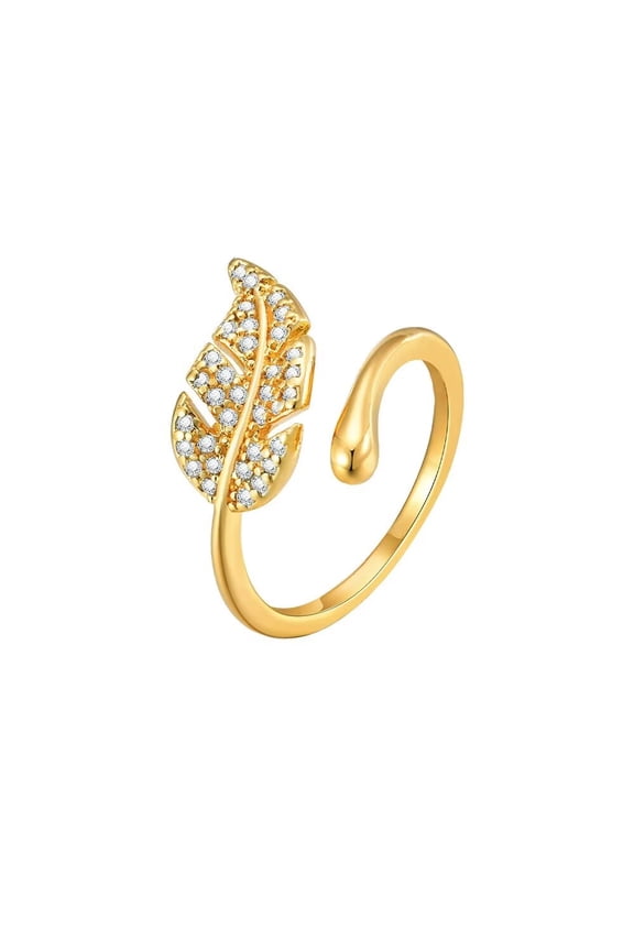 Women's Adjustable Cubic Zircon Leaf Ring Diamond Band Ring Stackable Finger Knuckle Ring Jewelry Gold