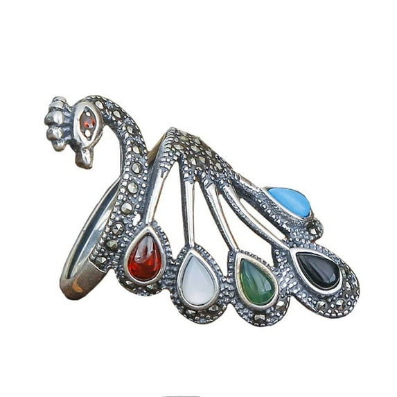 HIJONES Women's Adjustable Dainty Phoenix Ring with Multicolor Gem Stainless Steel Personalized Delicate Band Jewelry Minimalist Gift Silver