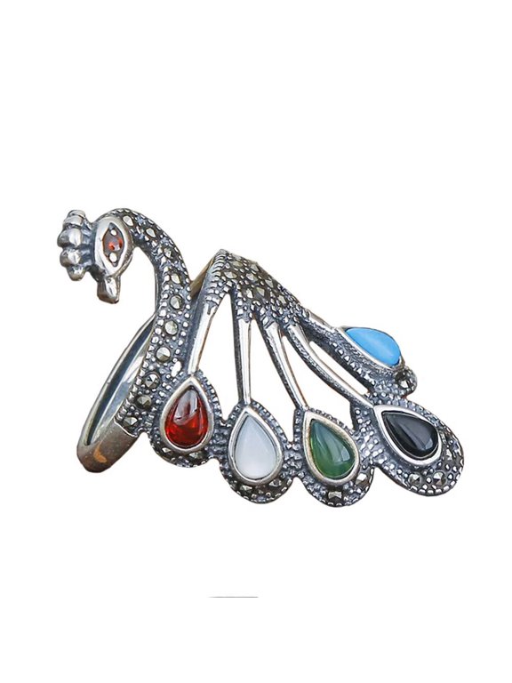 Women's Adjustable Dainty Phoenix Ring with Multicolor Gem Stainless Steel Personalized Delicate Band Jewelry Minimalist Gift Silver