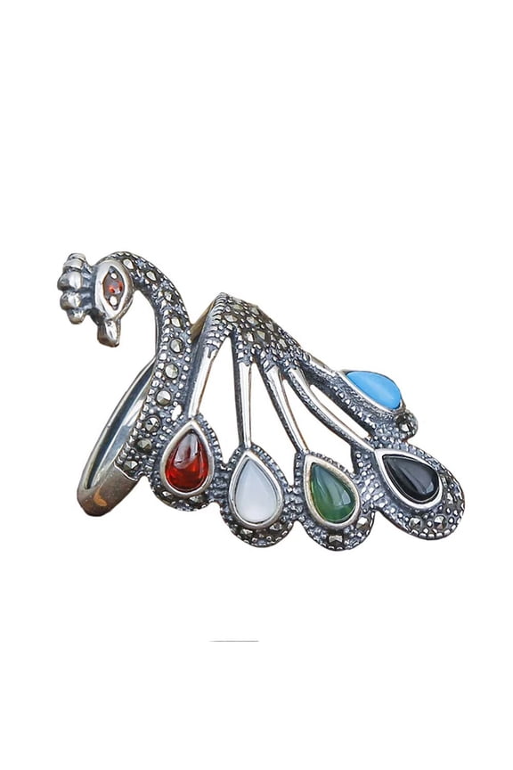 Women's Adjustable Dainty Phoenix Ring with Multicolor Gem Stainless Steel Personalized Delicate Band Jewelry Minimalist Gift Silver