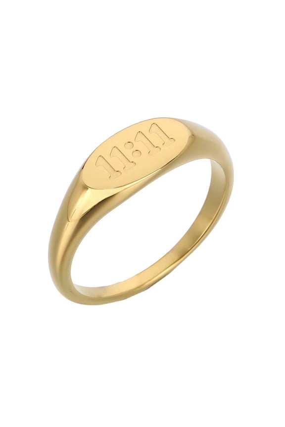 Women's Angel Number Ring Stainless Steel Gold Plated 11:11 Oval Signet Engagement Wedding Band Promise Jewelry Gold Size 7