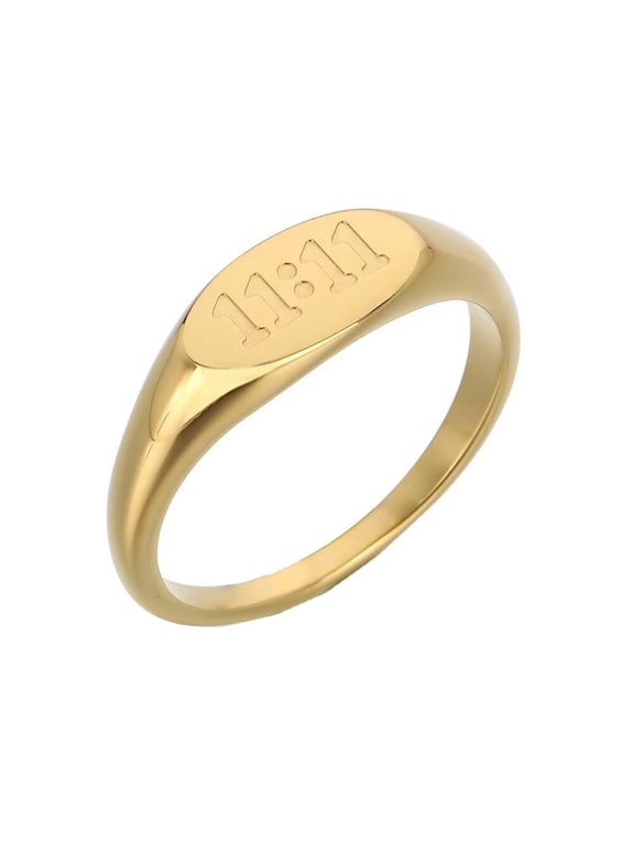 Women's Angel Number Ring Stainless Steel Gold Plated 11:11 Oval Signet Engagement Wedding Band Promise Jewelry Gold Size 9