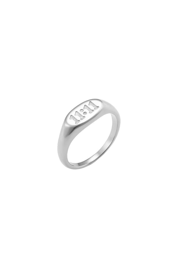 Women's Angel Number Ring Stainless Steel Gold Plated 11:11 Oval Signet Engagement Wedding Band Promise Jewelry Silver Size 8