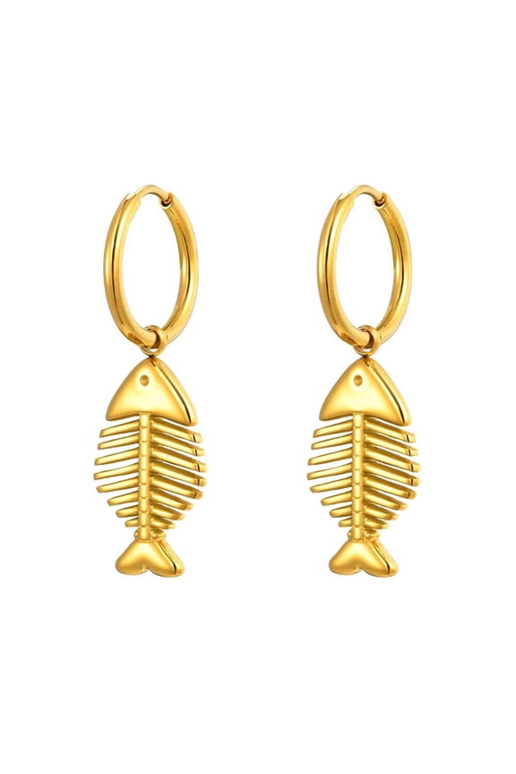 Women's Animal Fish Bone Hoop Earrings Personalized Stainless Steel Ear Ornament Jewelry Gold